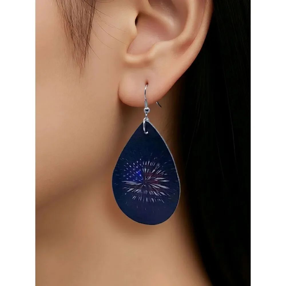 Holiday Earrings Fireworks American Flag Leather Dangle Ear Jewelry Patriotic